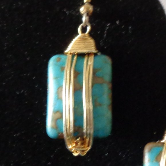 GOLD Wire Wrapped Natural TURQUOISE Dangle EARRINGS 1.5" Handmade - Picture 2 of 2